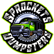 The logo for sprockets dumpsters shows a green dump truck.