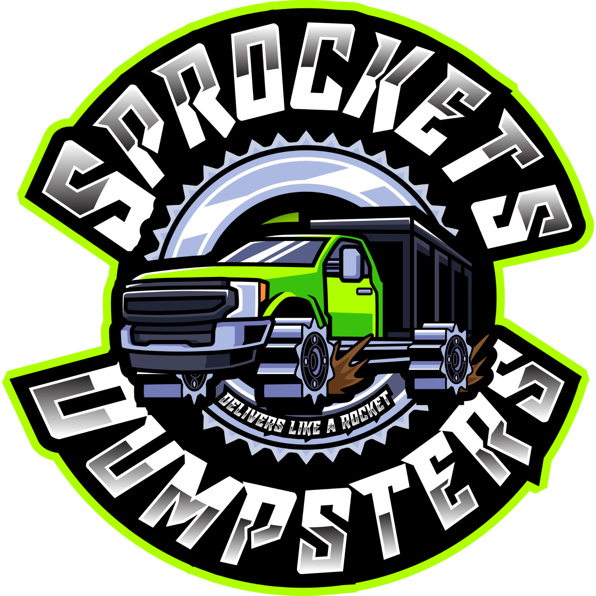 The logo for sprockets dumpsters shows a green dump truck.