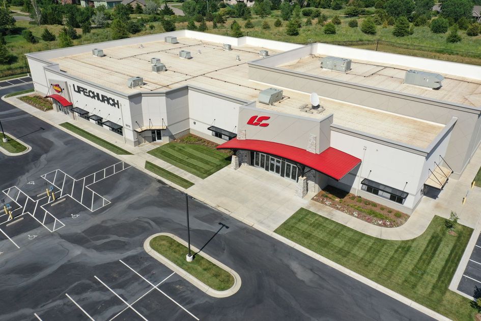 Aerial of Life.Church West Wichita commercial flat roof installation by Bloyer & Sons Inc. in Wichita, KS.
