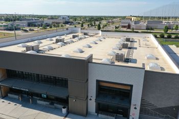 Aerial view of a major commercial flat roof project in Wichita, KS by Bloyer & Sons Inc.