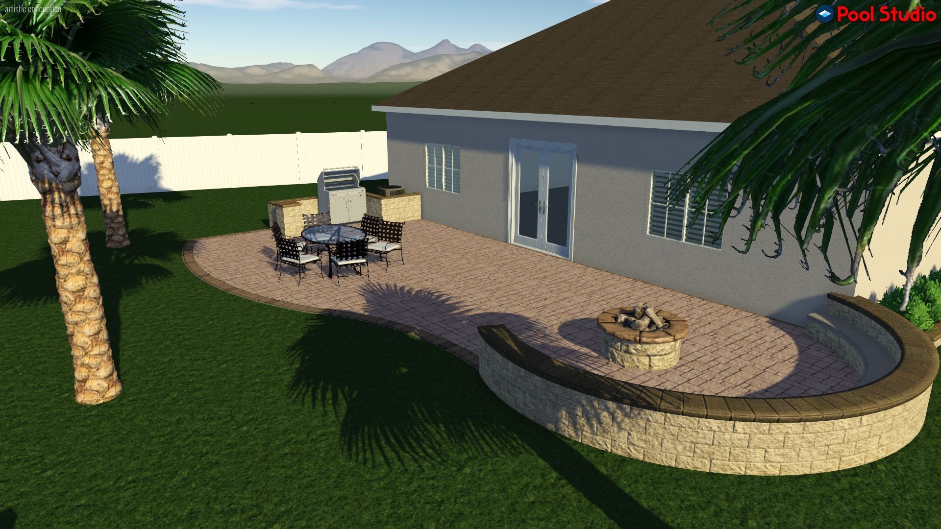 A computer generated image of a patio with a fire pit and a table and chairs.