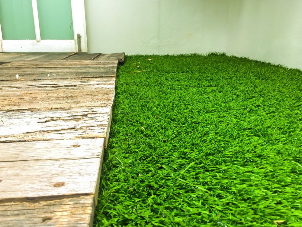 A wooden walkway leading to a lush green field of grass