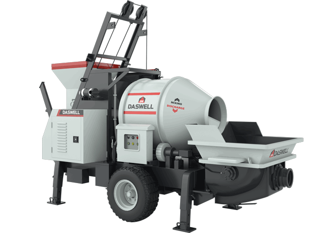 A concrete mixer with a pump attached to it on a white background.