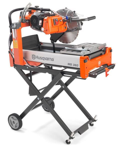 A husqvarna tile saw on a stand with wheels