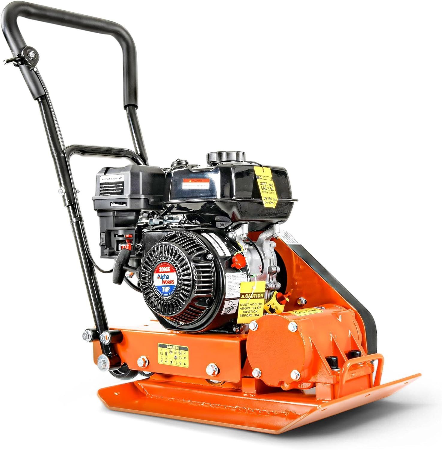 A vibratory plate compactor with a gas engine on a white background.