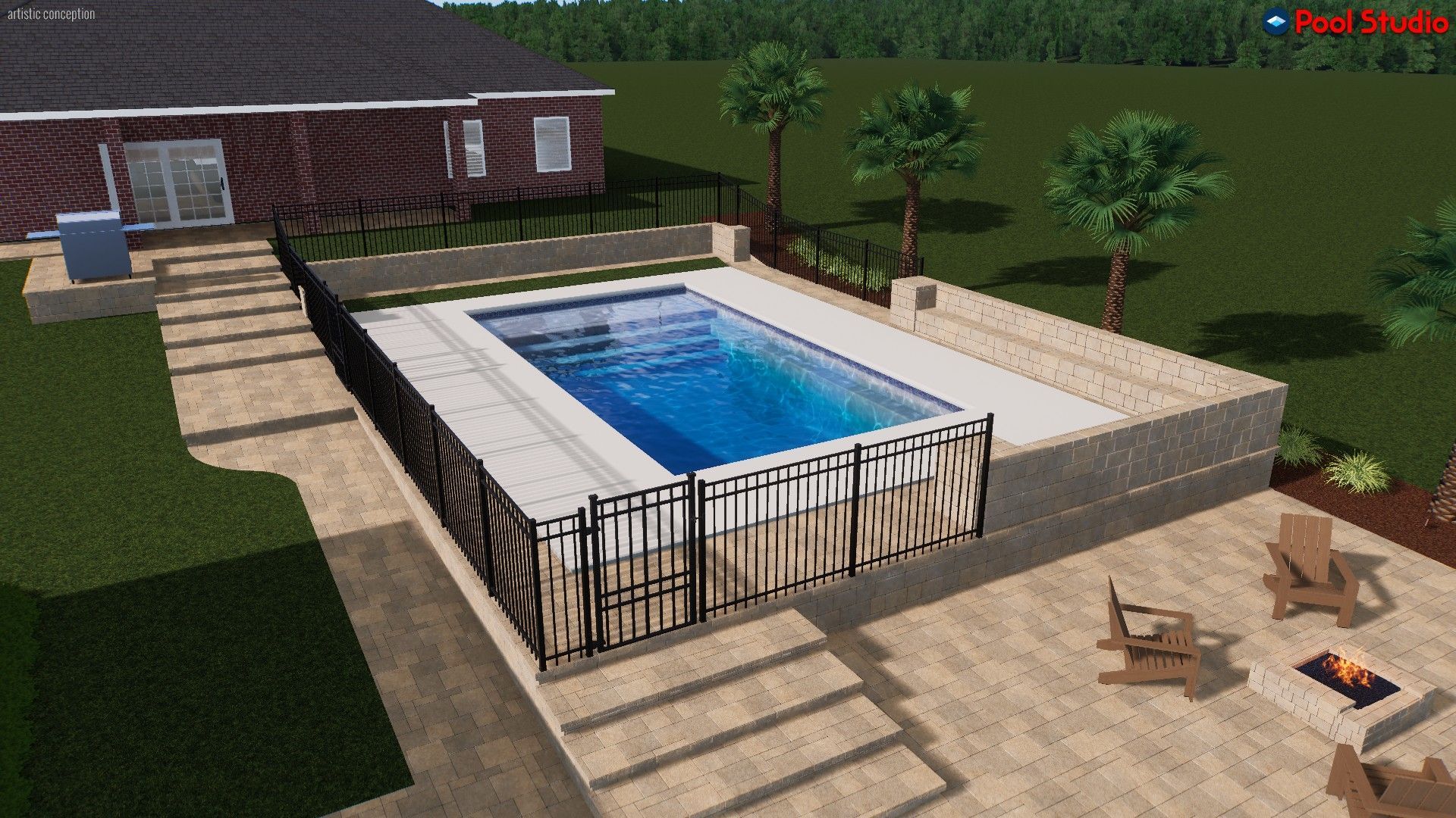 A computer generated image of a swimming pool in a backyard.