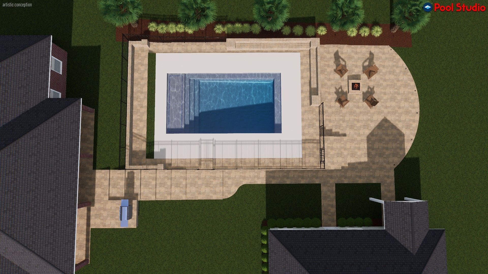 A computer generated image of a swimming pool in a backyard.