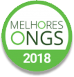 Selo circular verde e branco: texto "Melhores ONGS 2018", indicando um reconhecimento ou premiação para ONGs em 2018.