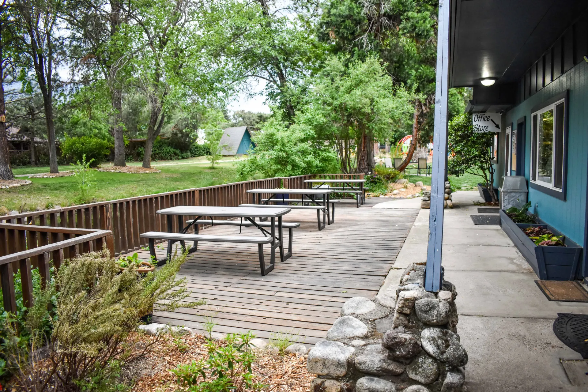 Outdoor patio with picnic tables, trees, and a blue building along a stone walkway