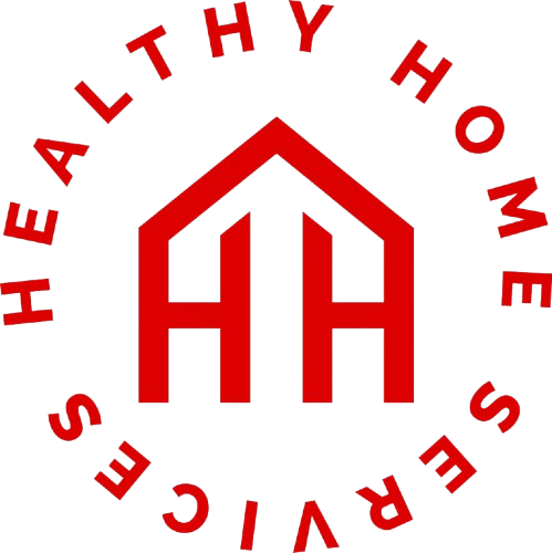 A logo for healthy home services with a red house in the center