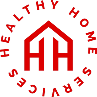 A logo for healthy home services with a red house in the center