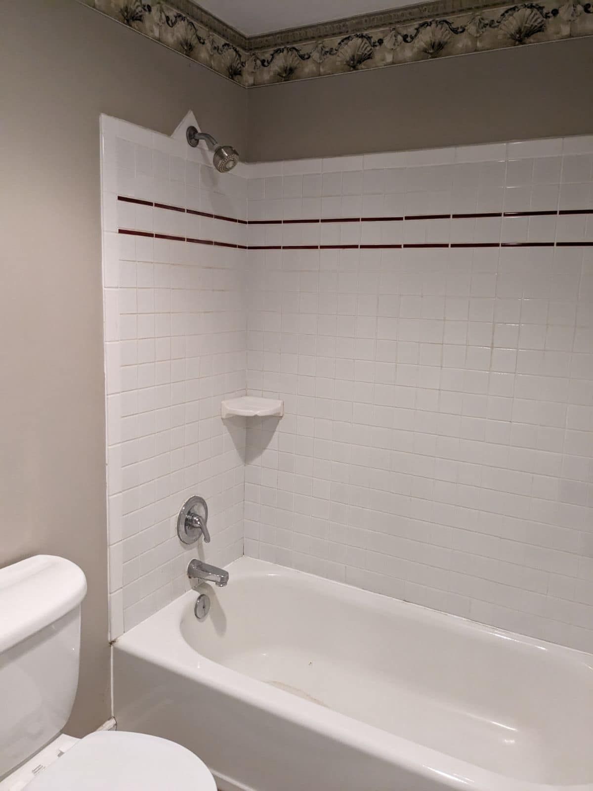 A bathroom with a toilet , bathtub and shower.