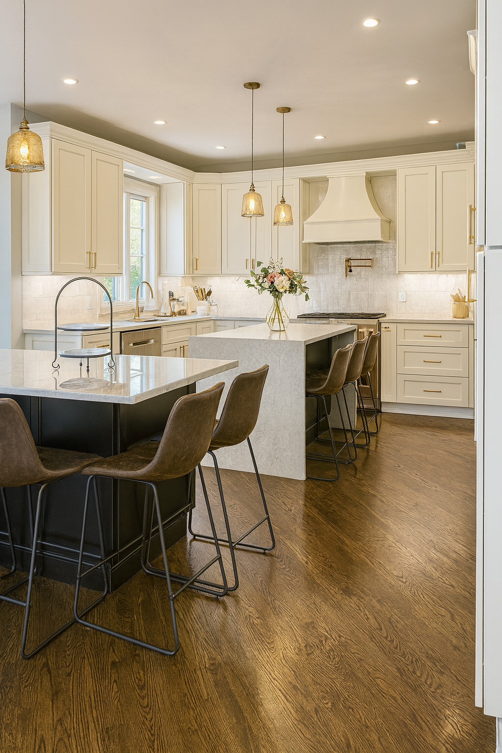 Modern kitchen with two islands, light cabinets, dark brown stools, and pendant lights.