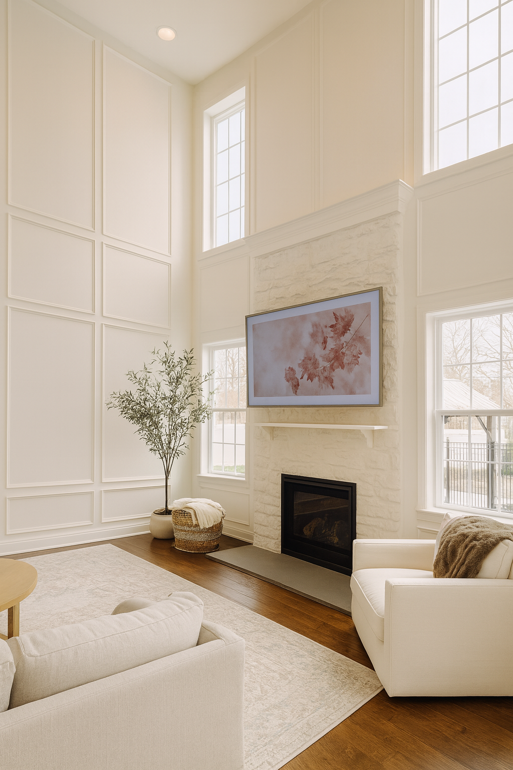 Living room with high ceilings, fireplace, TV, and large windows. Walls are white with paneling, and the floors are wood.