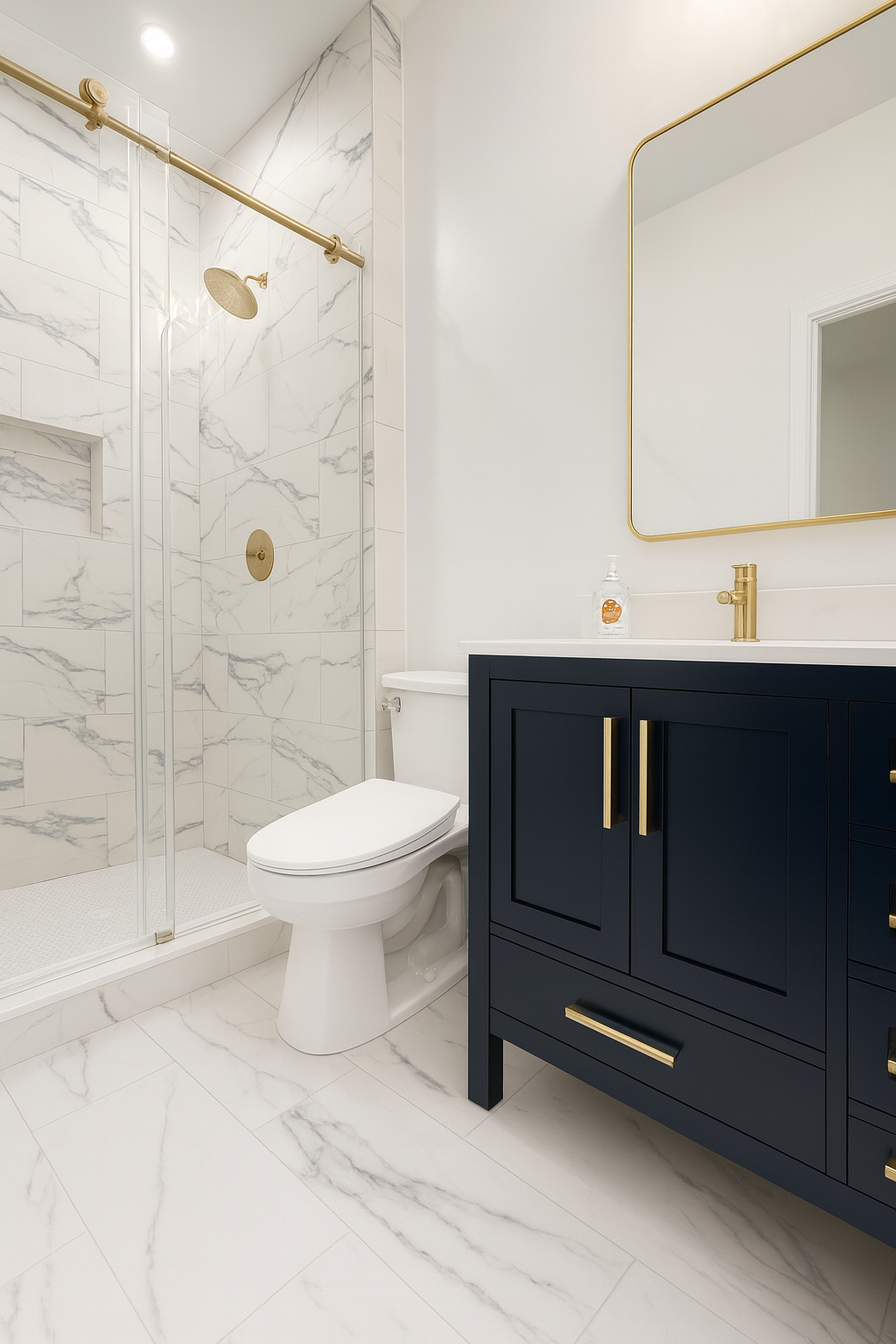 Bathroom with marble tile, glass shower, navy vanity, and gold fixtures.