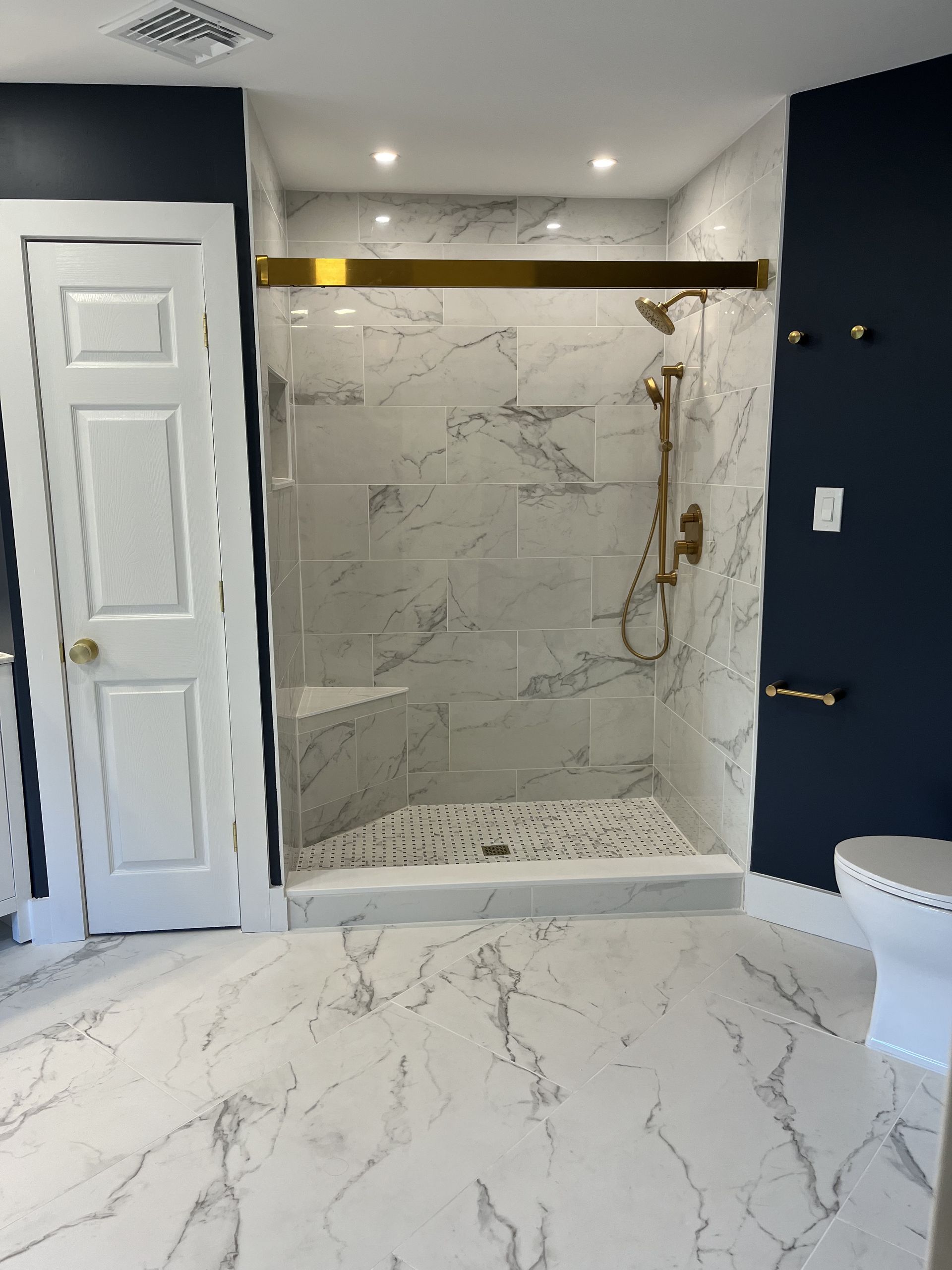 A bathroom with a walk in shower and a toilet.