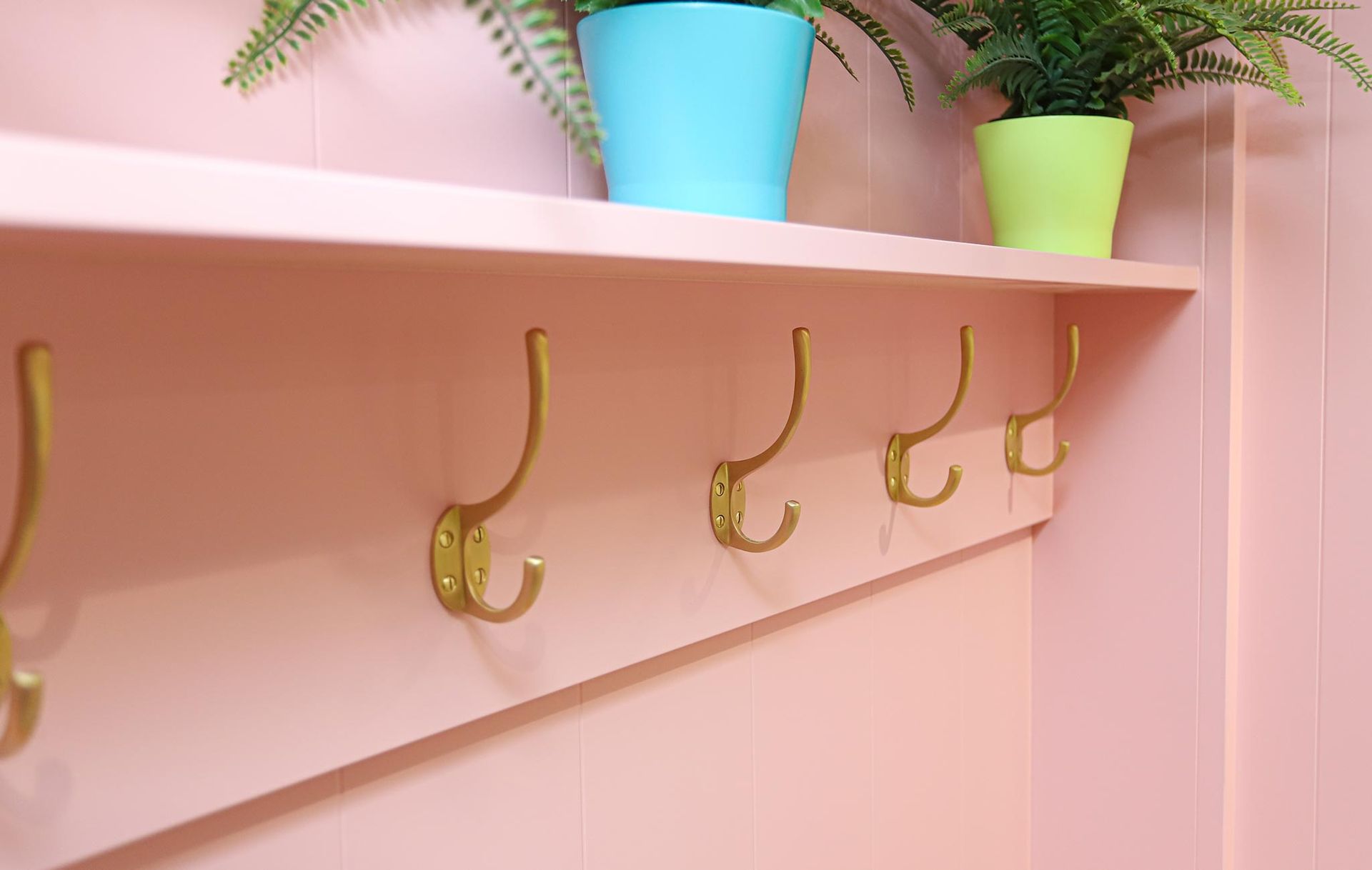 A pink wall with hooks and a shelf with potted plants on it