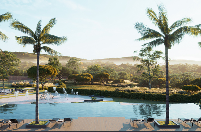 Impressão artística de uma grande piscina cercada por cadeiras e mesas.