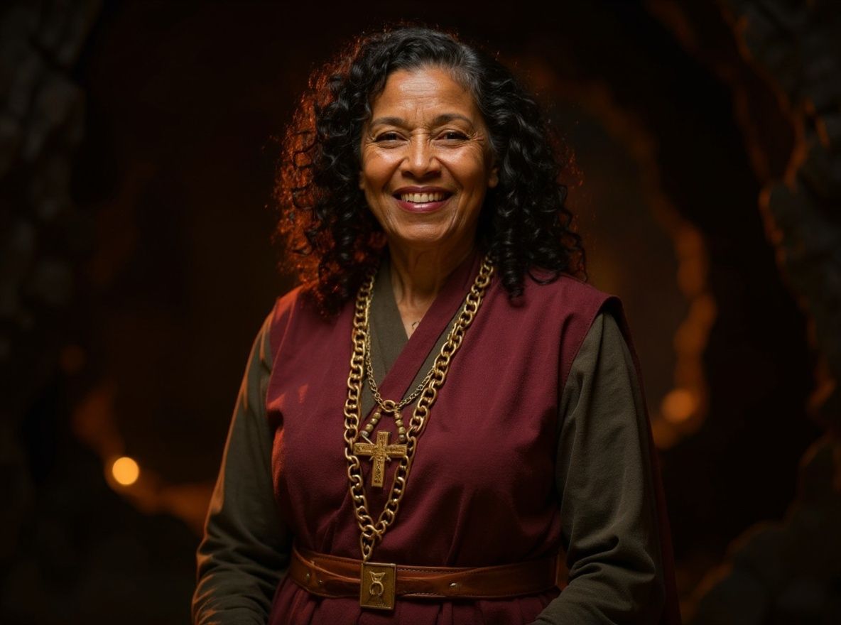An African American Woman, older, wearing a wooden cross. 
