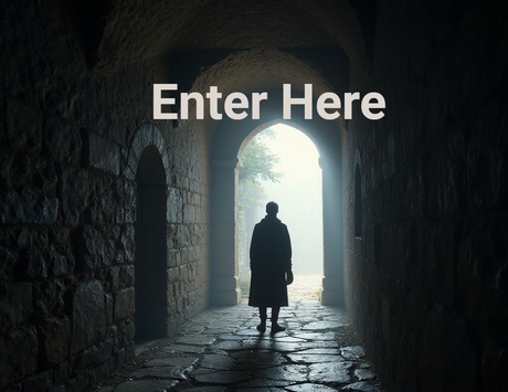 A figure in a long coat stands in a stone tunnel, facing bright light at the exit.