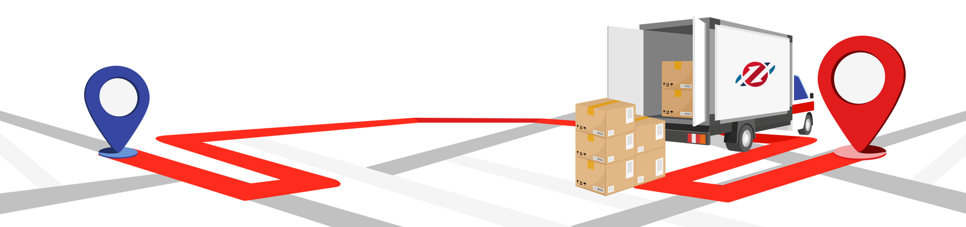 A movers truck transports packages between two locations marked with red and blue location pins.
