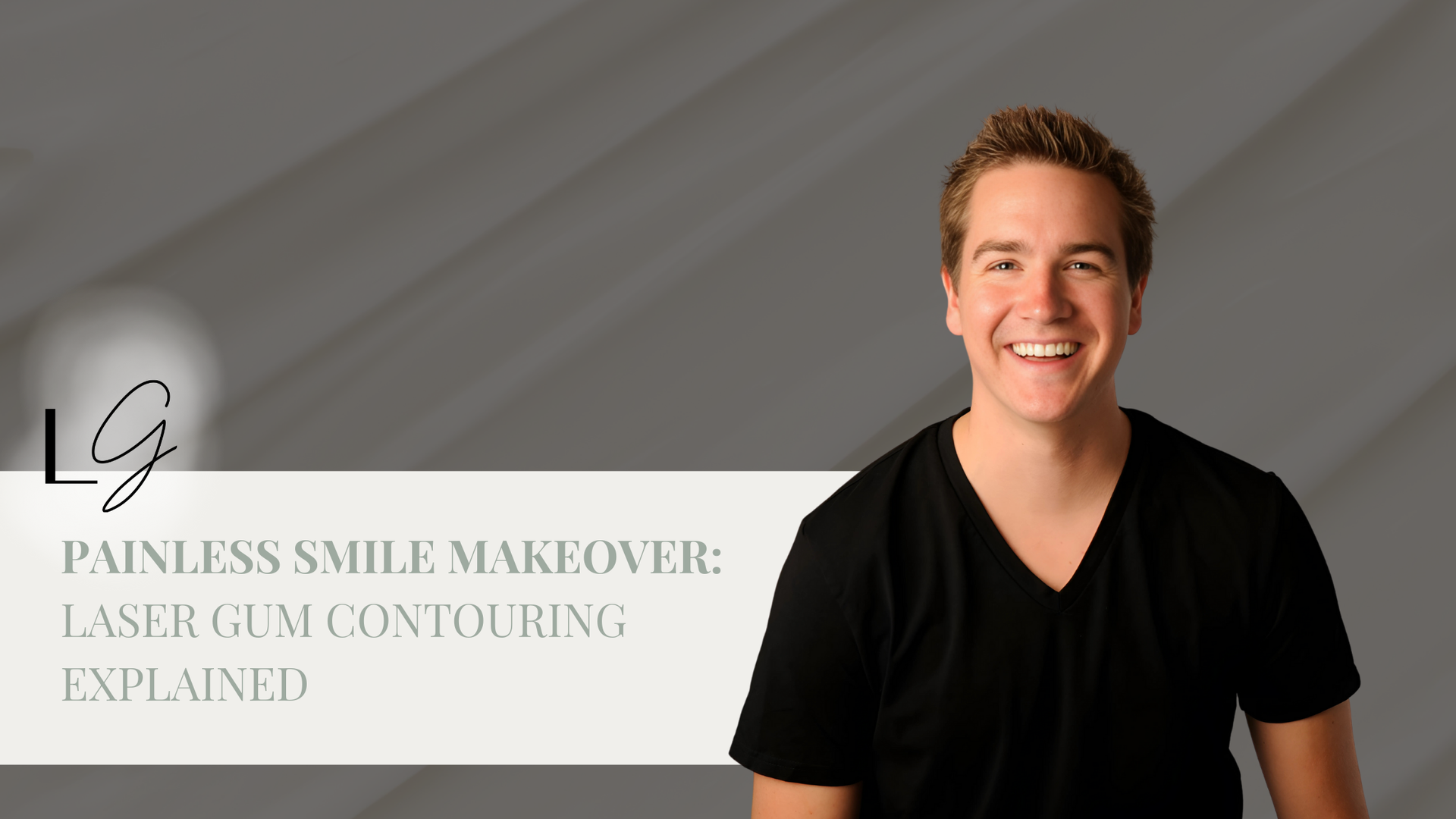 A man in a black shirt is smiling in front of a banner that says painless smile makeover