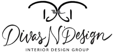 The logo for divas n design interior design group is black and white.