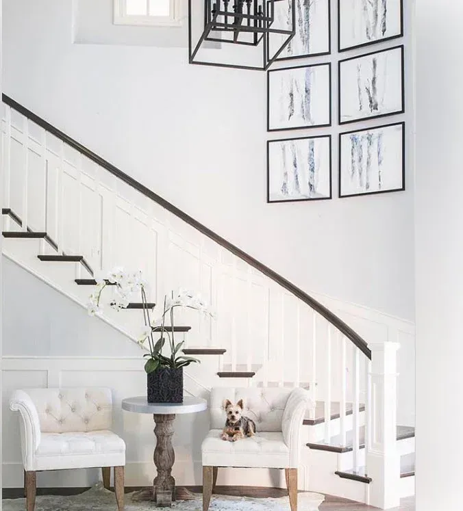 A dog is sitting on a chair in front of a staircase.
