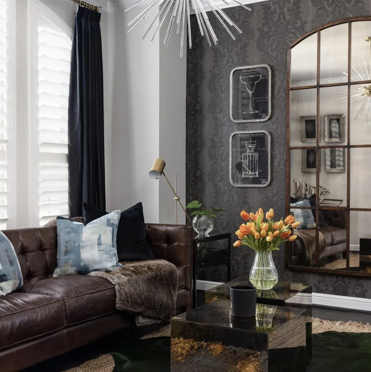 A living room with a couch and a coffee table