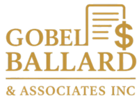 Logo for Gobel Ballard & Associates Inc, gold text and graphic of a dollar sign attached to a document.