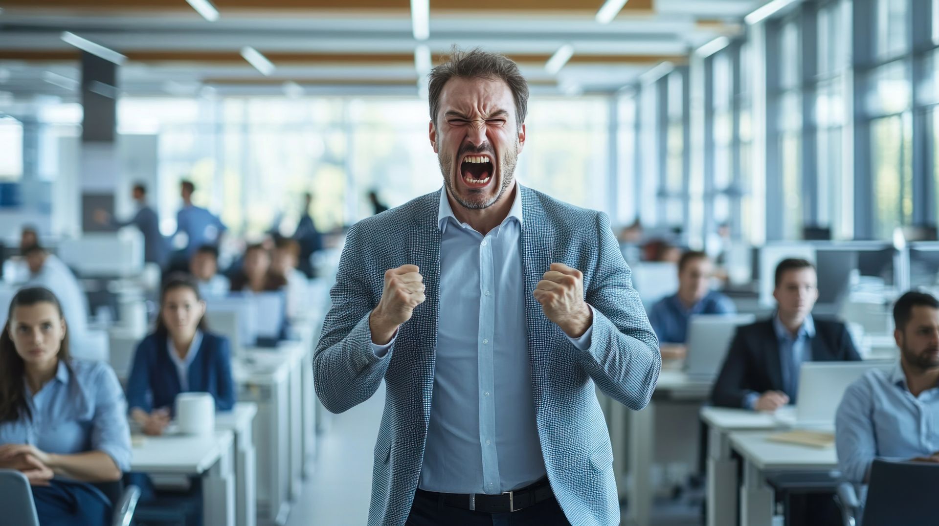 Two people talking on a couch, one gesturing with a raised finger in a bright living room Angry man in a blazer clenches fists in a bright open office while coworkers sit at desks behind him