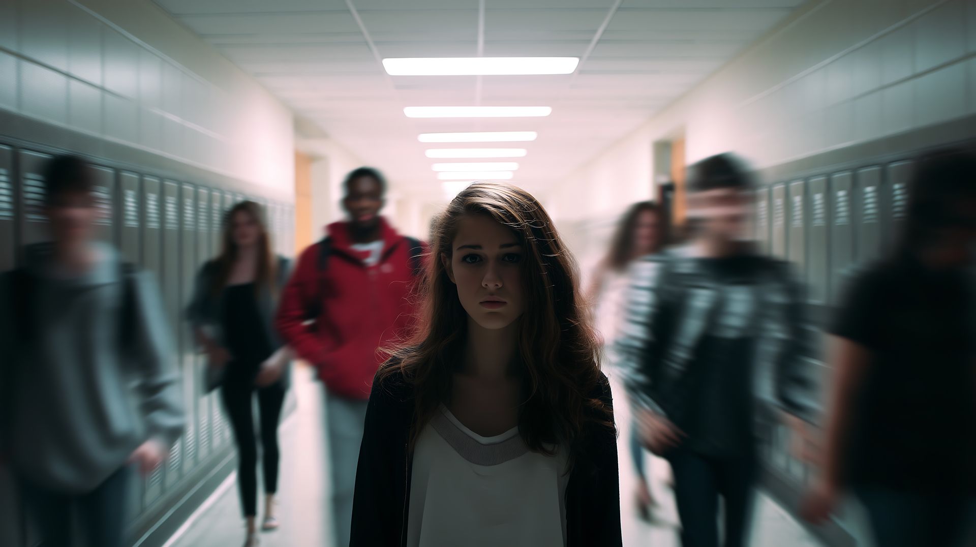 Two people talking at a cafe table by a bright window, with a laptop and coffee. Students walking in a school hallway, with a focused girl centered and blurred figures in motion behind her