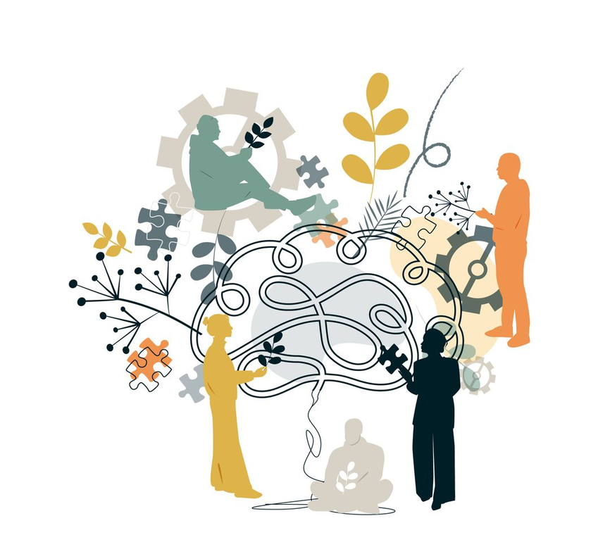 Colorful figures around a brain-like tangle with puzzle pieces and leaves, symbolizing teamwork and ideas Abstract teamwork illustration with diverse figures surrounding a central brain and puzzle pieces