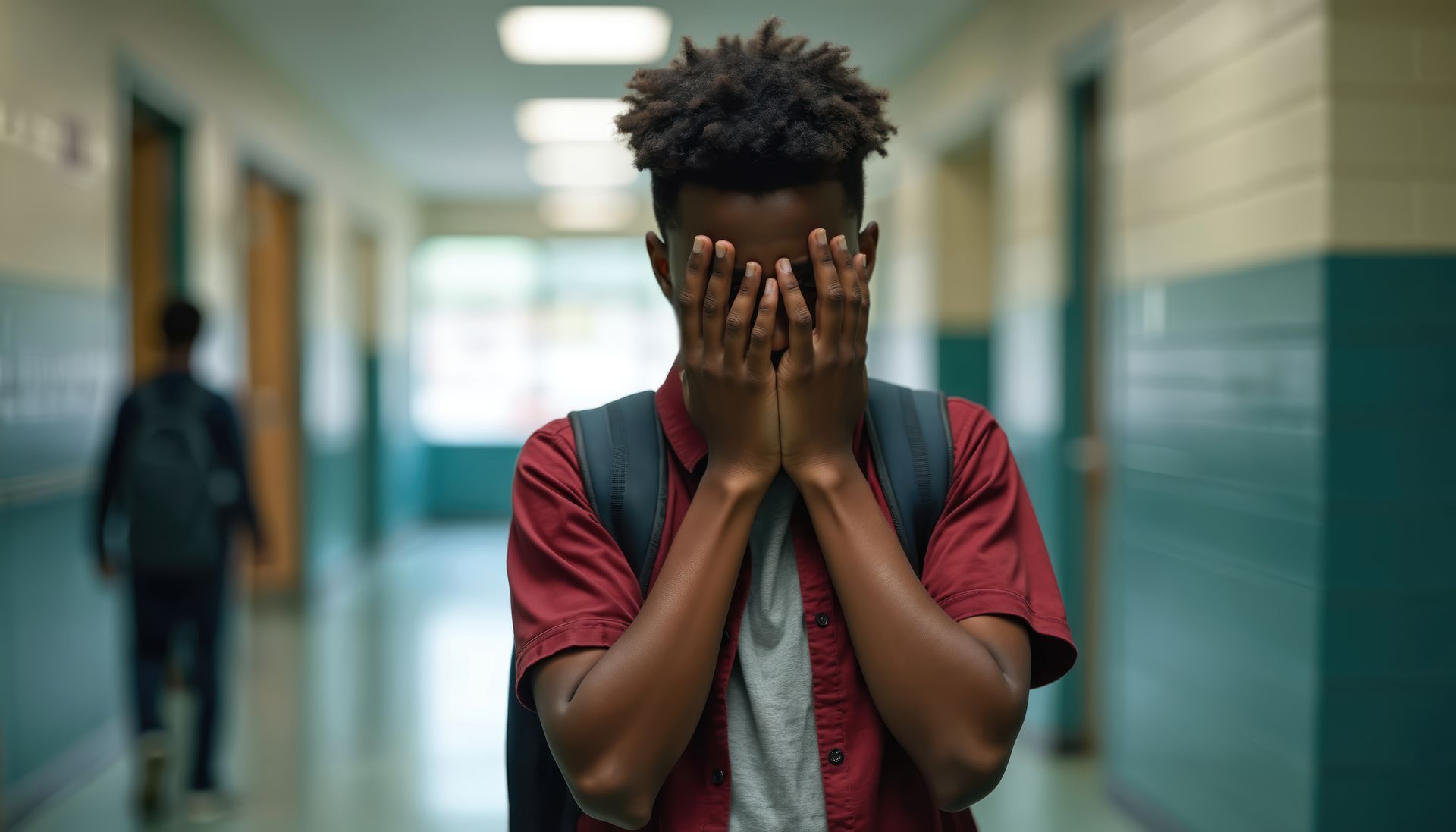 Student covering face in a school hallway, with a backpack and blurred classmates in the background.