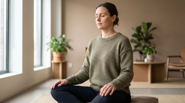 Woman meditating on a cushion by a sunlit window in a calm room with plants Person meditating indoors by a window, seated cross-legged on a bench in a calm room.