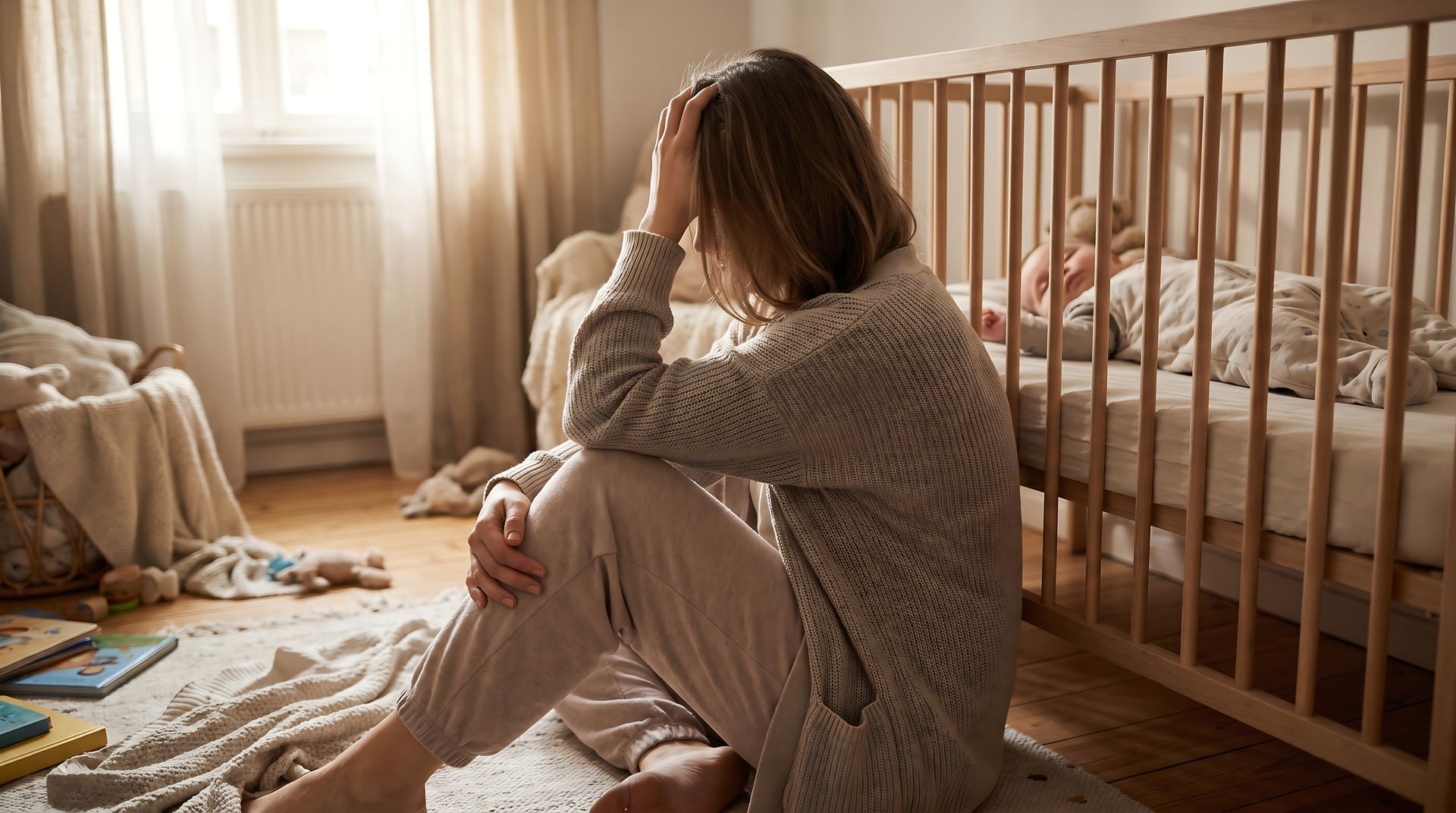 Two people talking at a cafe table by a bright window, with a laptop and coffee. Person sitting on bedroom floor beside a crib, looking distressed in warm morning light.