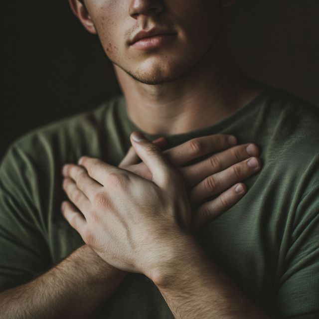 Man in green shirt holding both hands crossed over his chest against a dark background Person in a green shirt crossing their arms over their chest in a dimly lit close-up portrait
