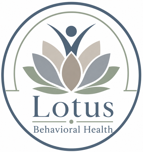 Lotus Behavioral Health logo with gray, blue, and green lotus petals and a human figure above the text