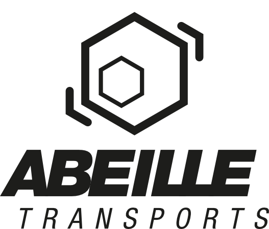 Logo d'Abeille Transports présentant une icône hexagonale au-dessus du texte noir « ABEILLE » et « TRANSPORTS ».