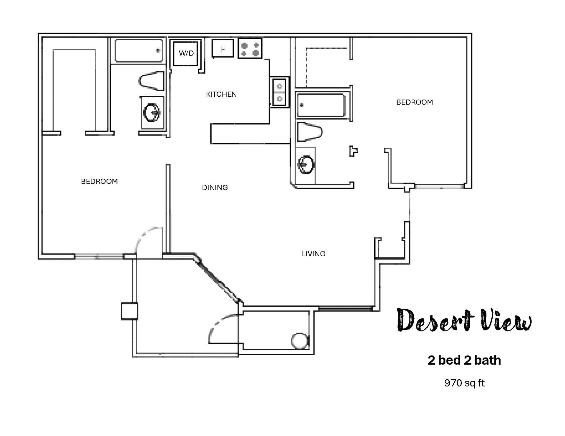 Floor plan for Desert View 2-bed, 2-bath apartment. Shows layout with rooms, doors, and fixtures.