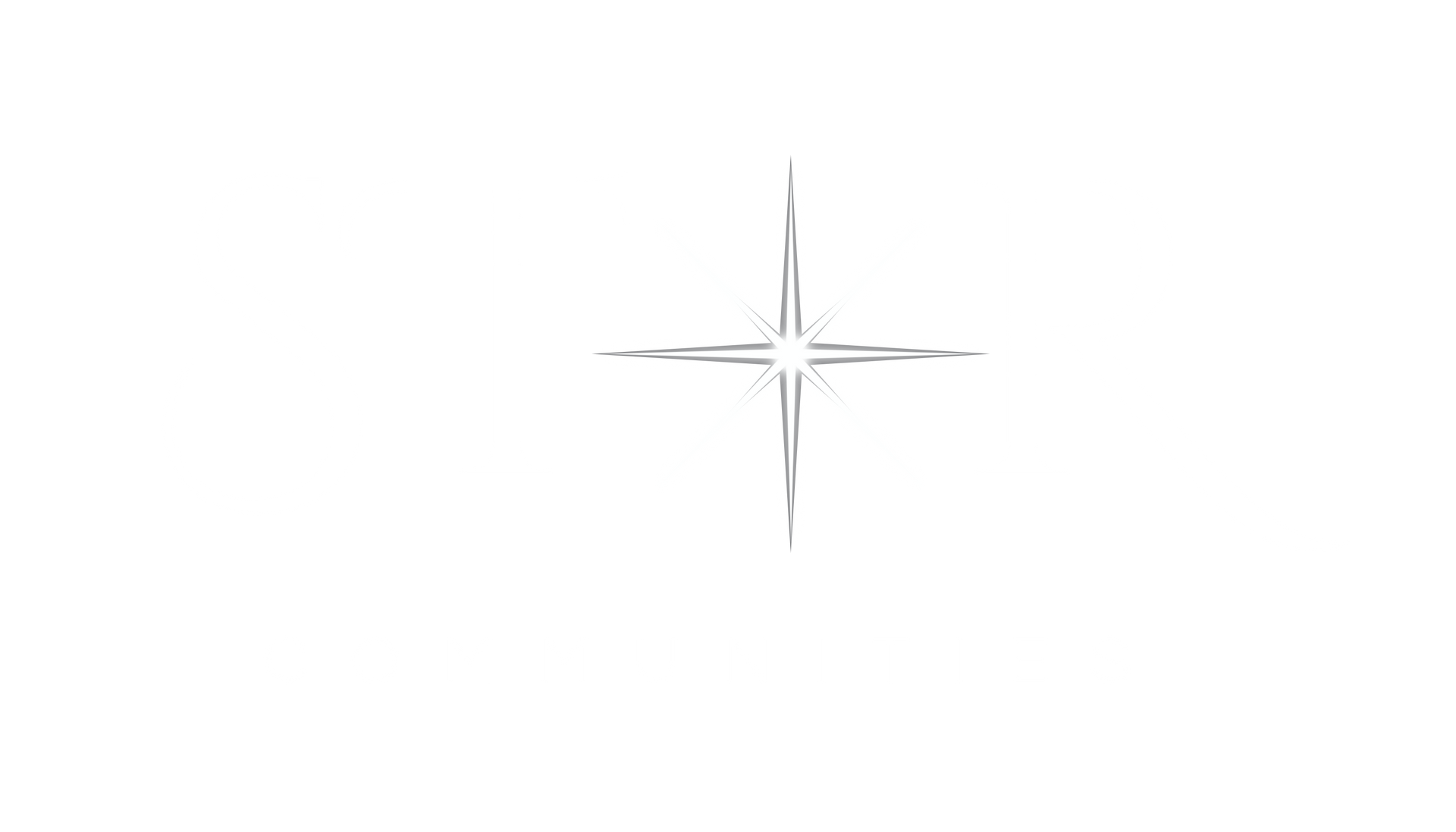 Bright four-pointed star with diagonal rays, centered on white background.