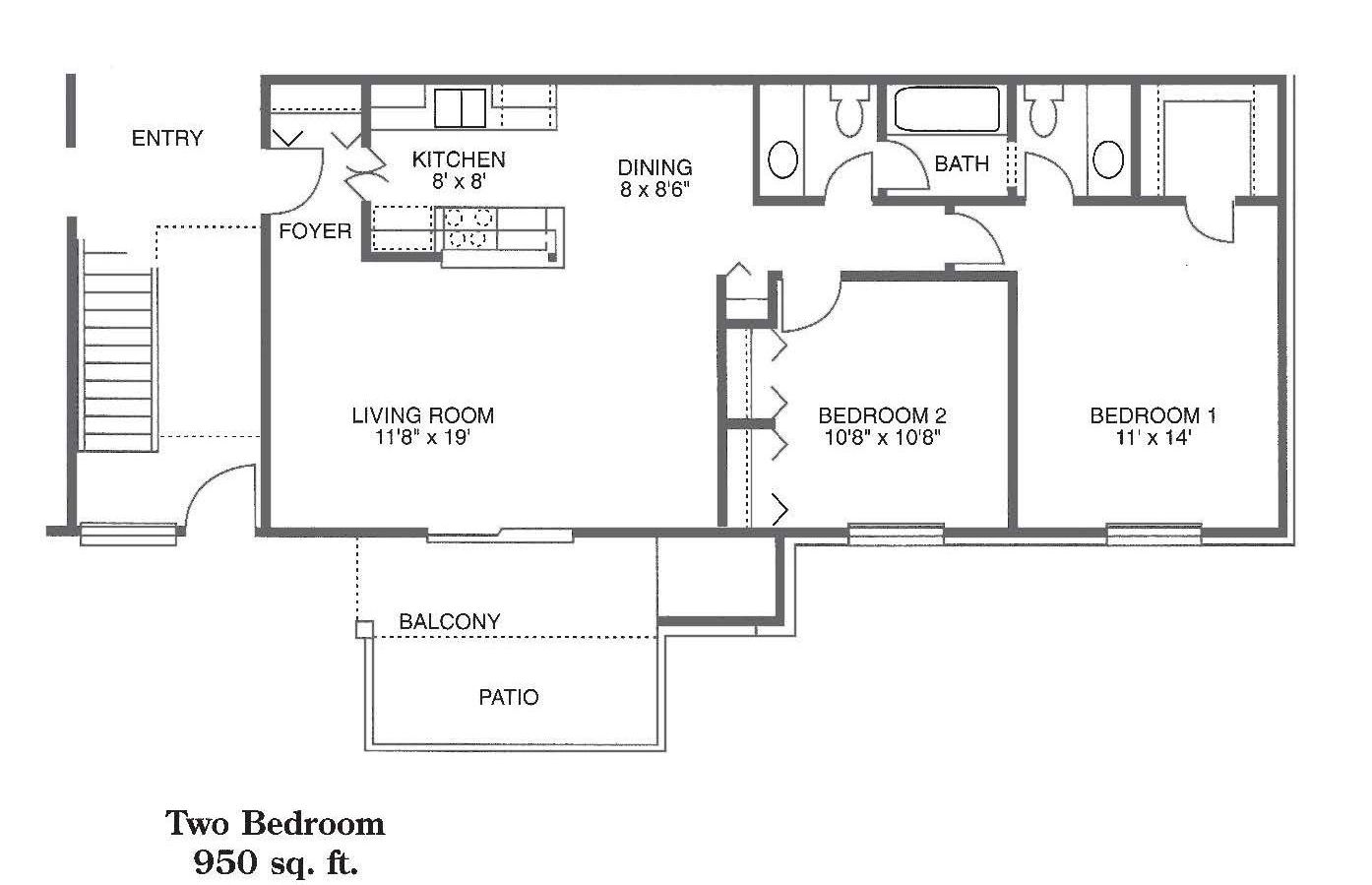 A black and white floor plan of a river hollow two bedroom apartment.