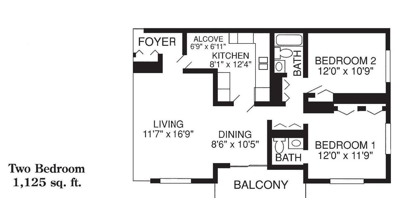 A floor plan of a one bedroom apartment with a balcony