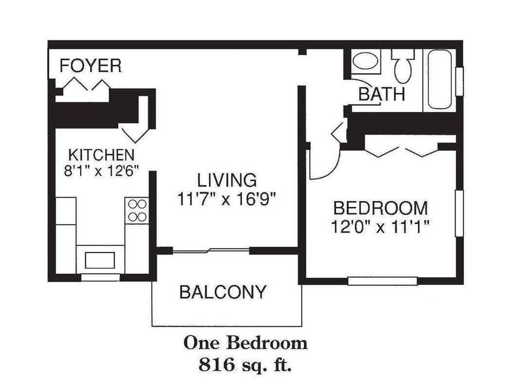 A floor plan of a one bedroom apartment with a balcony.