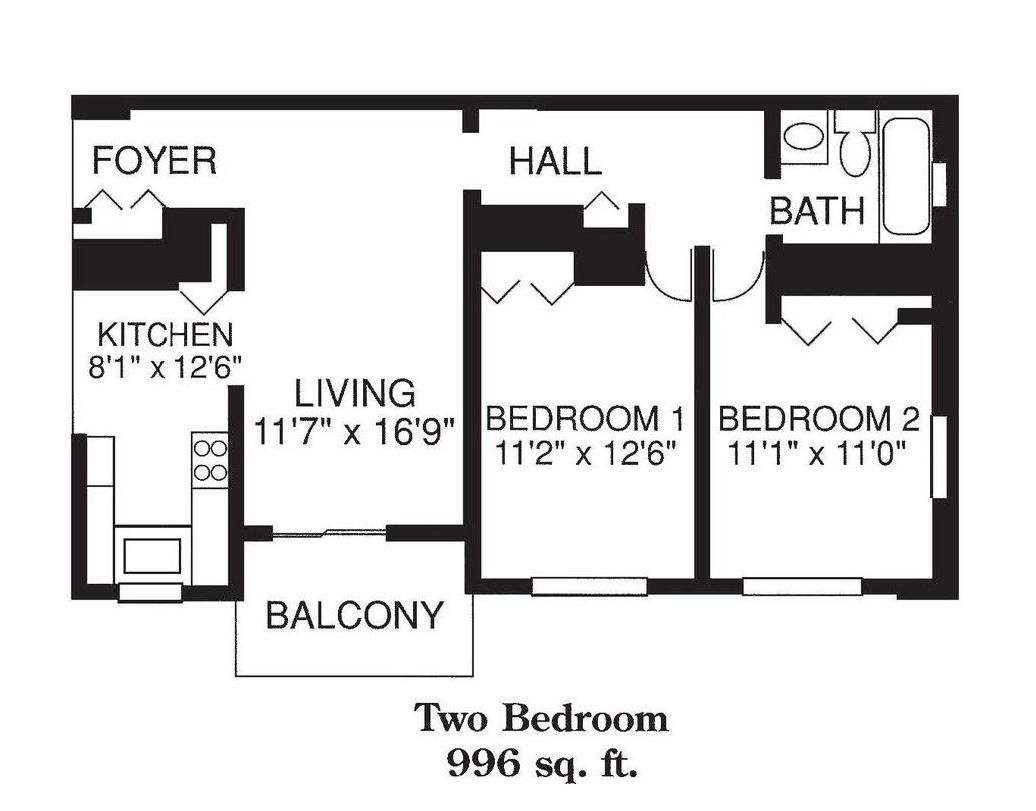 A floor plan of a two bedroom apartment with a balcony.