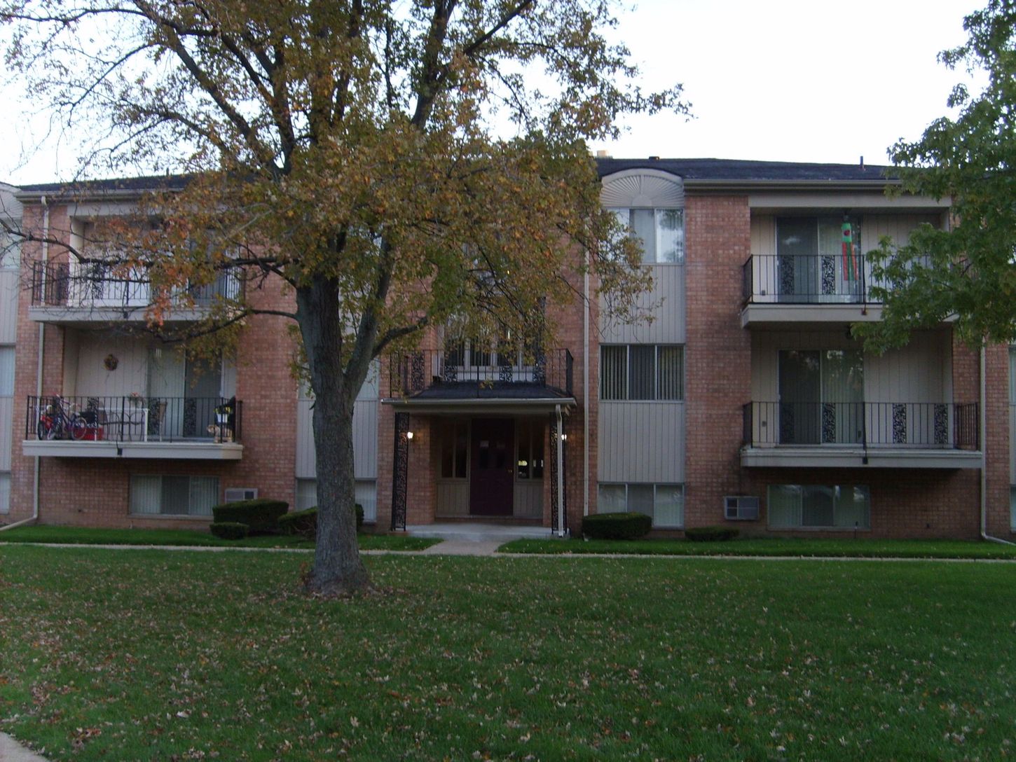 A brick apartment building with balconies and a tree in front of it