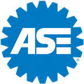 A blue gear with the word ase on it