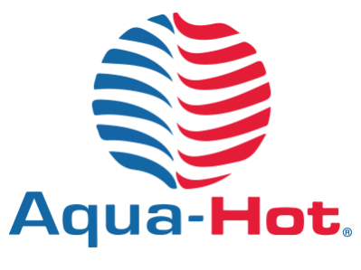 A blue and red logo for aqua-hot