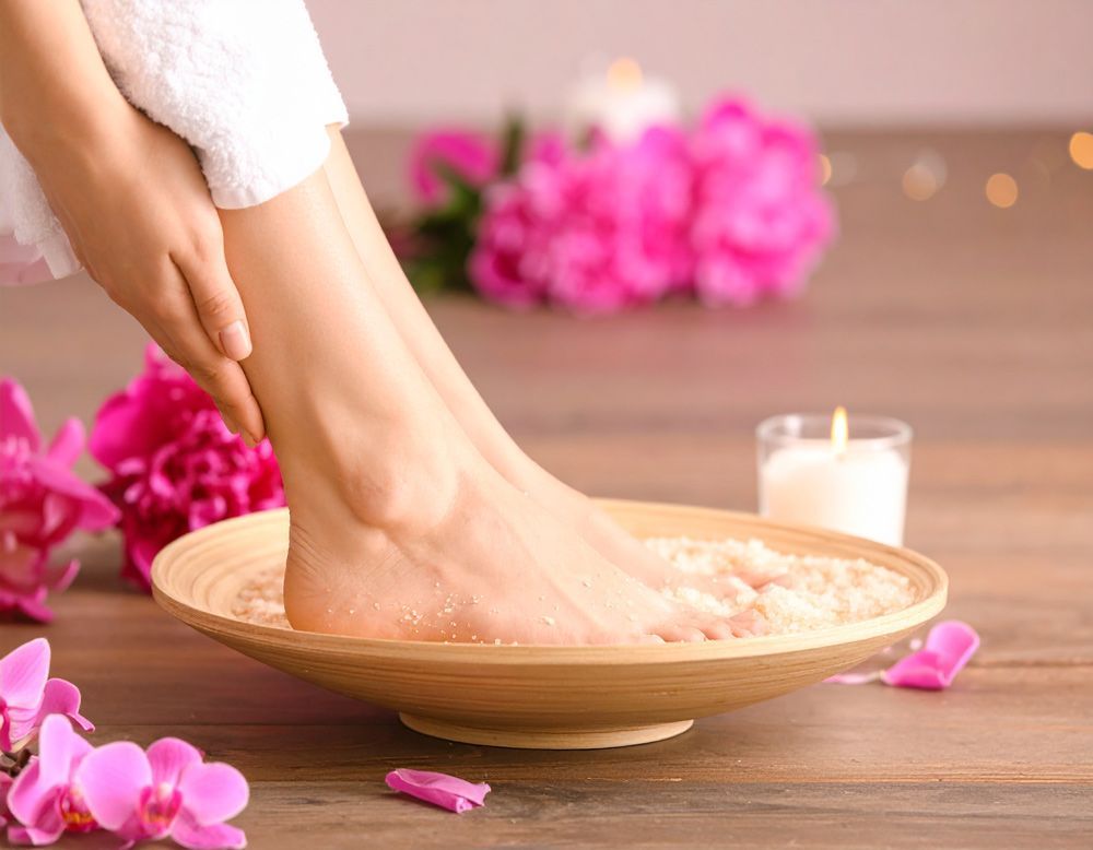 Woman soaking foot in wooden bowl with pink flowers, a lit candle, and a white towel.