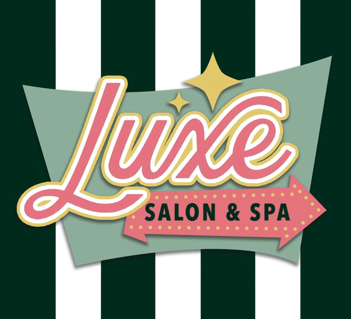 A logo for luxe salon and spa with a green and white striped background